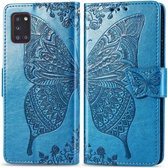 Voor Galaxy A31 Butterfly Love Flower reliëf horizontale flip lederen tas met beugel / kaartsleuf / portemonnee / lanyard (blauw)