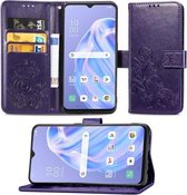 Voor OPPO Reno 3A vierbladige gesp reliëf gesp mobiele telefoon bescherming lederen tas met lanyard & kaartsleuf & portemonnee & beugel functie (paars)