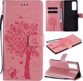 Voor Huawei Honor Play4 Boom & Kat Patroon Geperst Afdrukken Horizontale Flip PU Lederen Case met Houder & Kaartsleuven & Portemonnee & Lanyard (Roze)