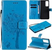 Voor Huawei Honor Play4 Boom & Kat Patroon Geperst Afdrukken Horizontale Flip PU Lederen Case met Houder & Kaartsleuven & Portemonnee & Lanyard (Blauw)