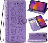 Voor Huawei Y5P 2020 & Honor 9S Mooie kat en hond Embossing patroon Horizontale flip lederen hoes, met houder & kaartsleuven & portemonnee & cartoon sluiting & lanyard (paars)