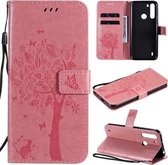 Voor Motorola One Fusion Tree & Cat Pattern Pressed Printing Horizontale Flip PU lederen tas met houder & kaartsleuven & portemonnee & lanyard (roze)