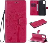 Voor Motorola Moto G9 Plus Tree & Cat Pattern Pressed Printing Horizontale Flip PU Leather Case met houder & kaartsleuven & portemonnee & Lanyard (Rose Red)