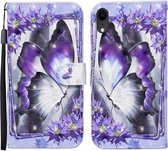 Voor iPhone XR 3D Geschilderd Patroon Horizontale Flip Leren Case met Houder & Portemonnee & Kaartsleuf & Lanyard (Purple Flower Butterfly)