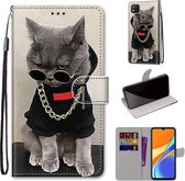 Voor Geschikt voor Xiaomi Redmi 9C Gekleurde Tekening Cross Textuur Horizontale Flip PU Lederen Case met Houder & Kaartsleuven & Portemonnee & Lanyard (Gouden Ketting Grijze Kat)