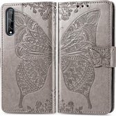 Voor Huawei Y8P / Enjoy 10S Vlinder Liefde Bloem Reliëf Horizontale Flip Leren Case met Beugel / Kaartsleuf / Portemonnee / Lanyard (Grijs)