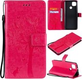 Voor Motorola Moto G9 Power Tree & Cat Pattern Pressed Printing Horizontale Flip PU lederen tas met houder & kaartsleuven & portemonnee & lanyard (Rose Red)