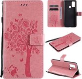 Voor OPPO A53 (2020) / A32 Tree & Cat Pattern Pressed Printing Horizontale flip PU lederen tas met houder & kaartsleuven & portemonnee & lanyard (roze)