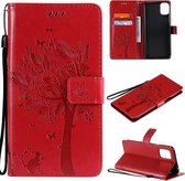 Voor LG K42 Tree & Cat Pattern Pressed Printing Horizontale Flip PU lederen tas met houder & kaartsleuven & portemonnee & lanyard (rood)