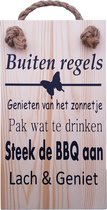 Handgemaakt Houten tekstbord "Buiten regels" 14x25 cm