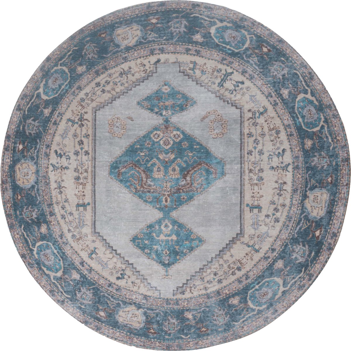 Veer Carpets Vloerkleed Karaca Blue 03 Rond ø120 cm - Laagpolig Vloerkleed – Vintage / Klassiek Design Blauw