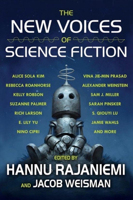 Boekcover 'The New Voices of Science Fiction' met een illustratie van een retro robot, bewerkt door Hannu Rajaniemi en Jacob Weisman.