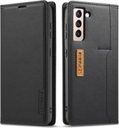 Voor Samsung Galaxy S21 FE LC.IMEEKE LC-001-serie PU + TPU kleuraanpassing Frosted horizontale flip lederen tas met houder en kaartsleuf (zwart)