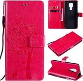 Voor Motorola Moto G9 Play Tree & Cat Pattern Pressed Printing Horizontale Flip PU Leather Case met houder & kaartsleuven & portemonnee & Lanyard (Rose Red)