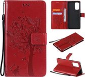 Voor OPPO Reno5 Pro 5G Tree & Cat Pattern Pressed Printing Horizontale Flip PU lederen tas met houder & kaartsleuven & portemonnee & lanyard (rood)