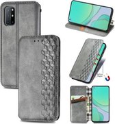 Voor OnePlus 8T Cubic Grid Pressed Horizontal Flip Magnetic PU Leather Case met houder & kaartsleuven & portemonnee (grijs)