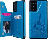 Voor Samsung Galaxy Note20 Skull Head Embossing Pattern Schokbestendige beschermhoes met houder & kaartsleuven & portemonnee (blauw)