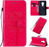 Voor Nokia 7.2 Tree & Cat Pattern Pressed Printing Horizontale Flip PU Leather Case met Houder & Kaartsleuven & Portemonnee & Lanyard (Rose)