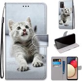 Voor Samsung Galaxy A02s / M02s Gekleurde tekening Cross Texture Horizontale Flip PU lederen tas met houder & kaartsleuven & portemonnee & lanyard (kleine grijze kat)