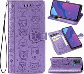 Voor Huawei Honor Play 9A Mooie Kat en Hond Embossing Patroon Horizontale Flip Leren Case, met Houder & Kaartsleuven & Portemonnee & Cartoon Sluiting & Lanyard (Paars)