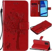 Voor Oppo A52 / A72 / A92 Tree & Cat Reliëfpatroon Horizontale Flip lederen tas met houder & kaartsleuven & portemonnee & lanyard (rood)