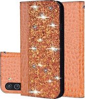 Voor Samsung Galaxy M11 Krokodil Textuur Glitter Pailletten Magnetische Aantrekkelijkheid Horizontale Flip Leren Case met Beugel & Kaartsleuven & Riem (Goud Oranje)