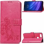 Lucky Clover geperste bloemenpatroon lederen tas voor Geschikt voor Xiaomi Mi 8 Lite, met houder en kaartsleuven & portemonnee en handriem (magenta)