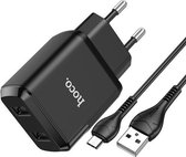 hoco N7 Speedy USB-oplader met dubbele poorten met USB naar Mirco USB-datakabel, EU-stekker (zwart)