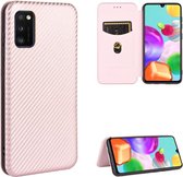 Voor Samsung Galaxy A41 (Euraziatische versie) Koolstofvezeltextuur Magnetisch horizontaal Flip TPU + PC + PU lederen tas met touw en kaartsleuf (roze)