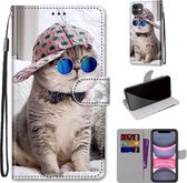 Gekleurde tekening Cross Texture Horizontale Flip PU lederen tas met houder & kaartsleuven & portemonnee & lanyard voor iPhone 11 (Slant Hat Blue Mirror Cat)