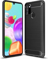 Voor Galaxy A21s geborstelde textuur koolstofvezel TPU-hoes (zwart)
