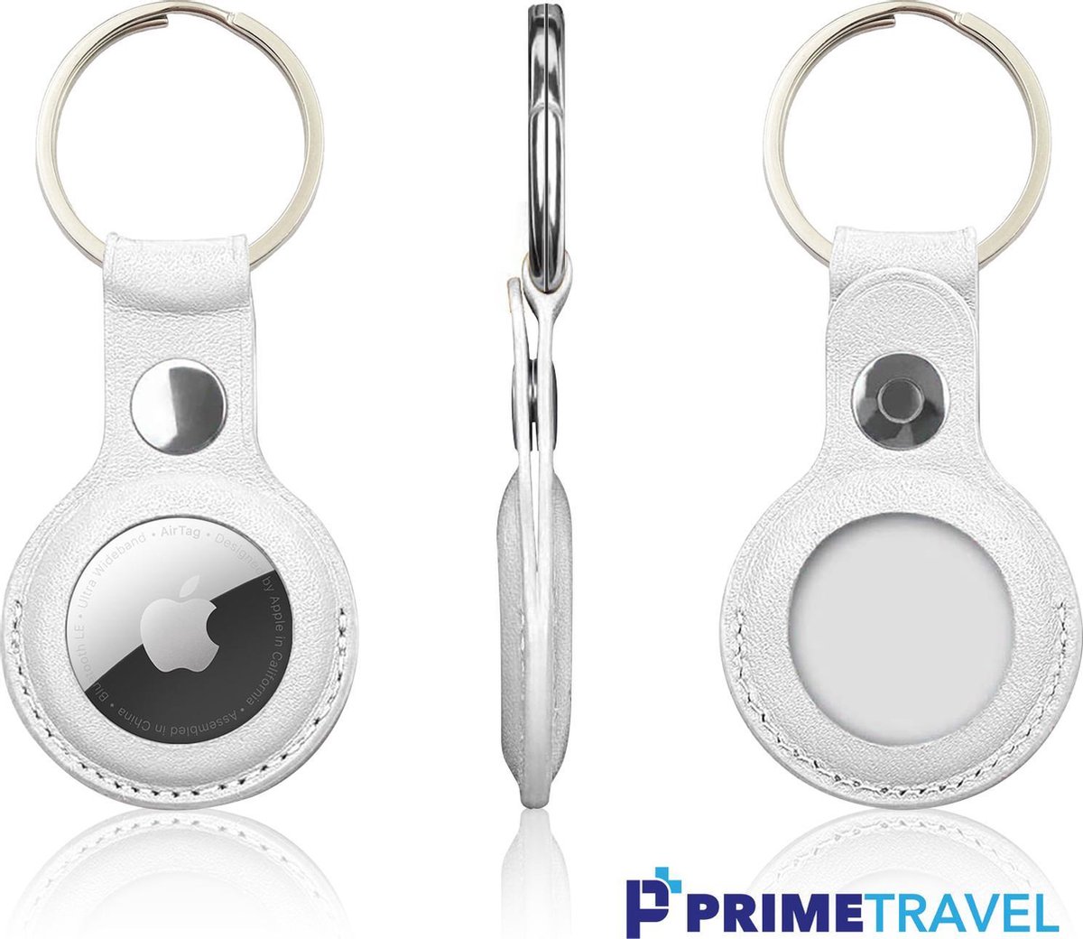 PrimeTravel Apple AirTag Hanger (Wit) - 100% Cruelty Free Vegan Leather - Air Tag Sleutelhanger Beschermhoes - Bescherm Case