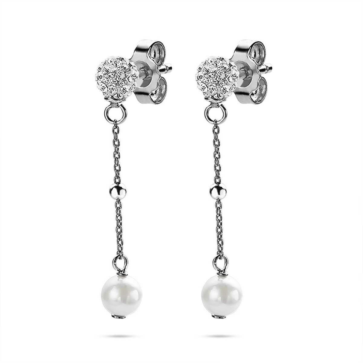 Twice As Nice Oorbellen in zilver, bol witte kristallen, parel aan ketting Wit