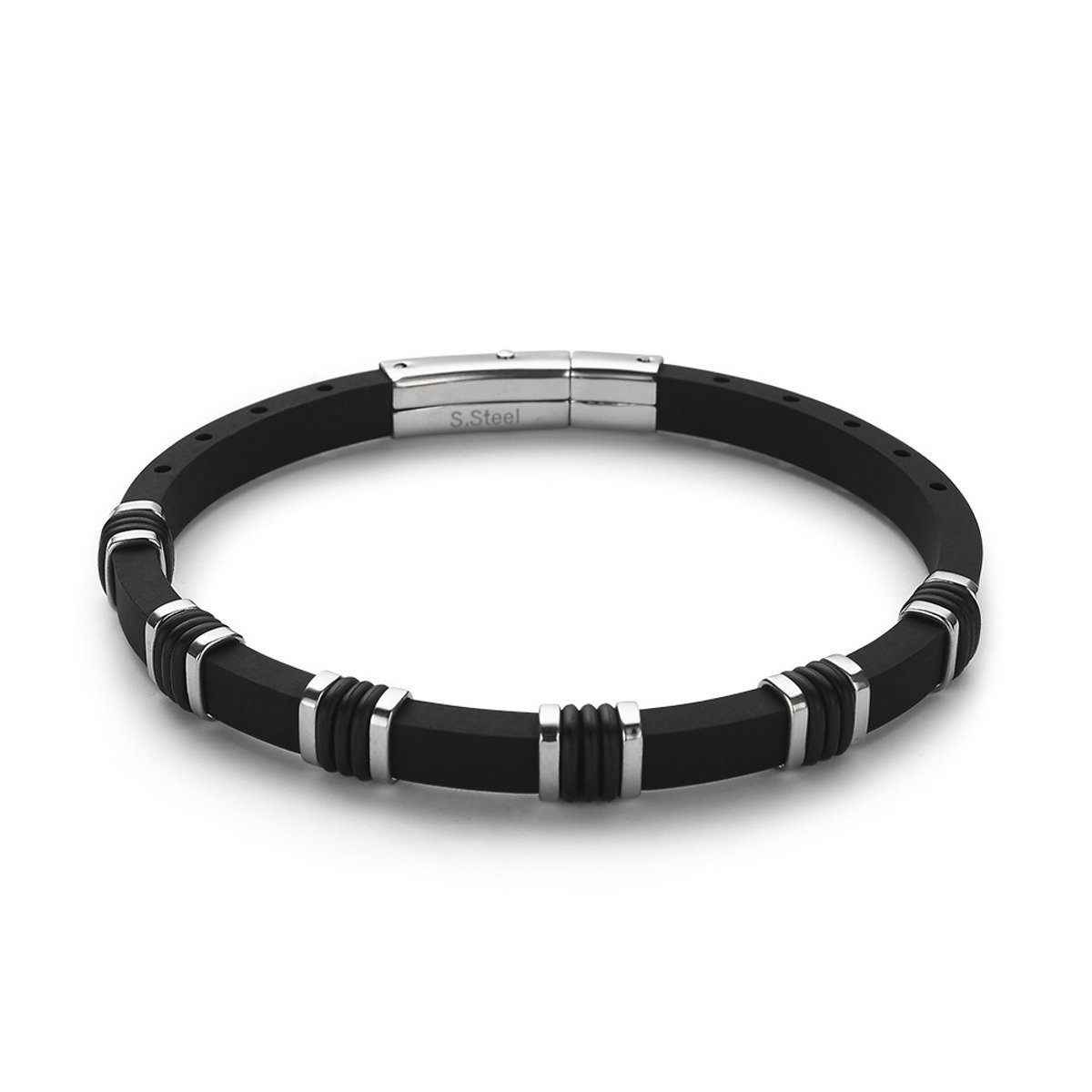 Twice As Nice Armband in rubber en edelstaal Zwart 21cm