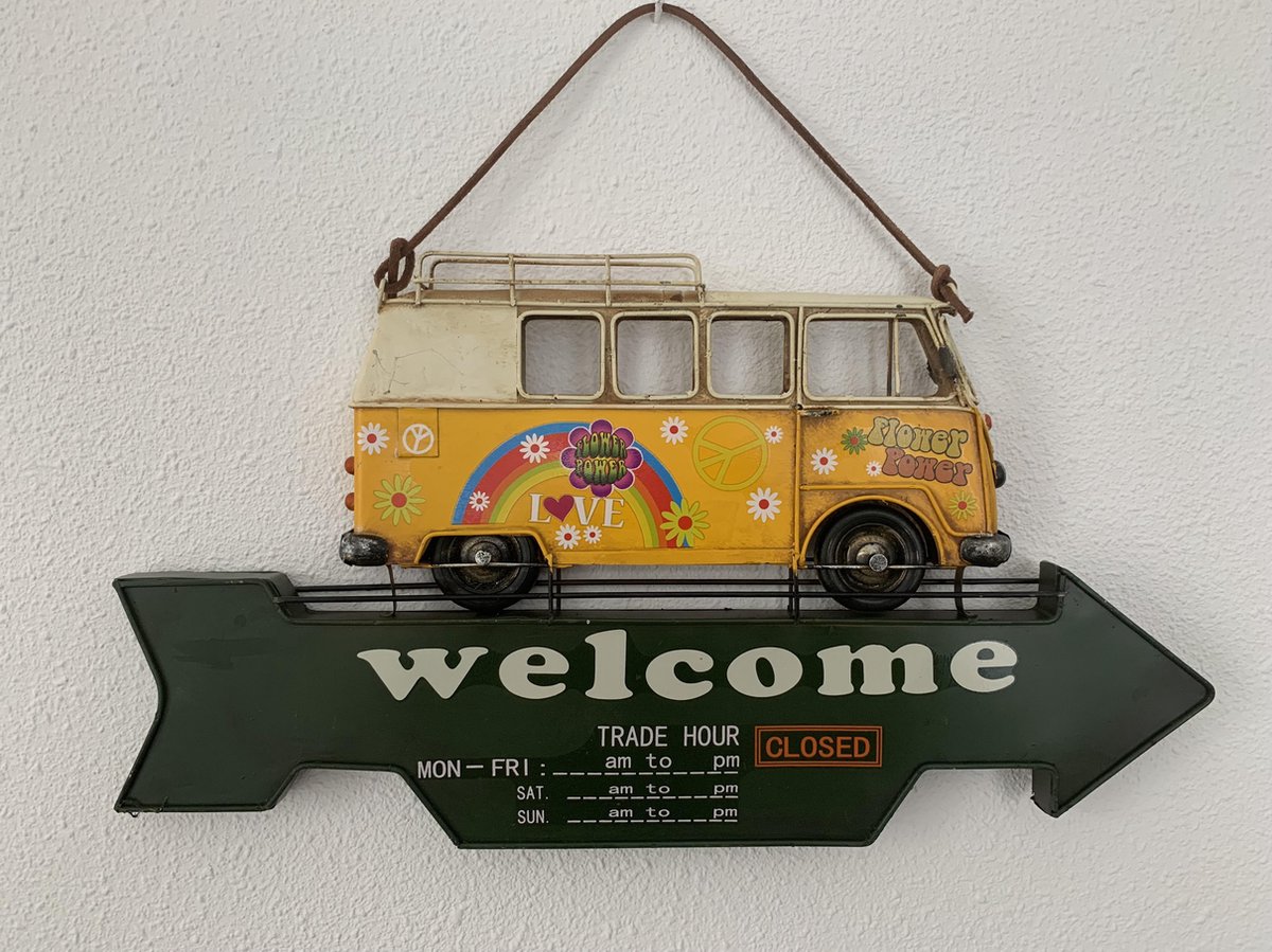Retro Bus Metalen Wandbord "welcome" 42 x 22 x 4 cm Geel