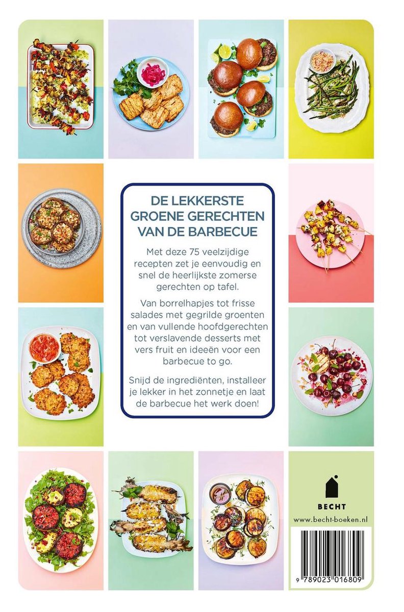 Achterkant van 'De Lekkerste Groene Gerechten van de Barbecue' met een collage van 10 verschillende vegetarische barbecuegerechten.