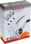 Westmark trommelrasp 'Trio' verpakking met rasp, 3 snijtrommels en geraspte wortel.