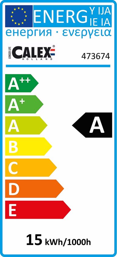 Calex energie-etiket met klasse A++ en verbruik van 15 kWh/1000h.