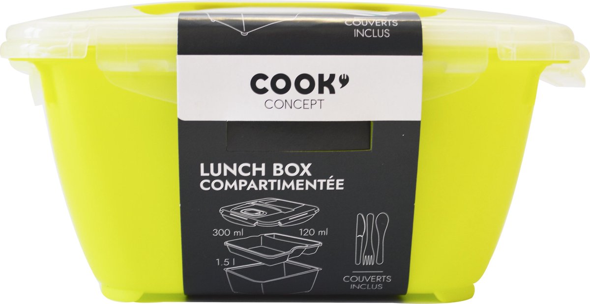 Cook - lunchbox - 1,5L - 3 vakken - groen/geel - salade - snackbowl - klipdeksel