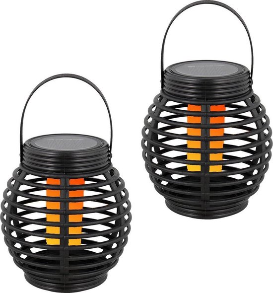 2x Zwarte ronde solar lantaarns met vlam effect 19 cm - Tuinverlichting -  Tuinlampen -... | bol.com
