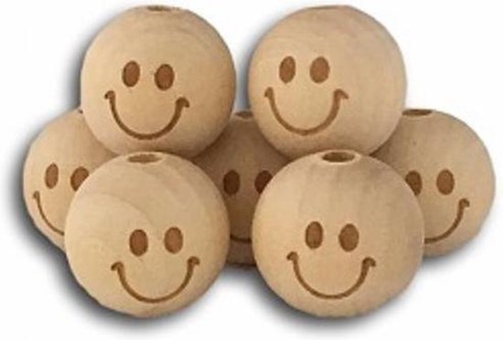 Houten kralen met smiley gezichtje 20mm 5 stuks