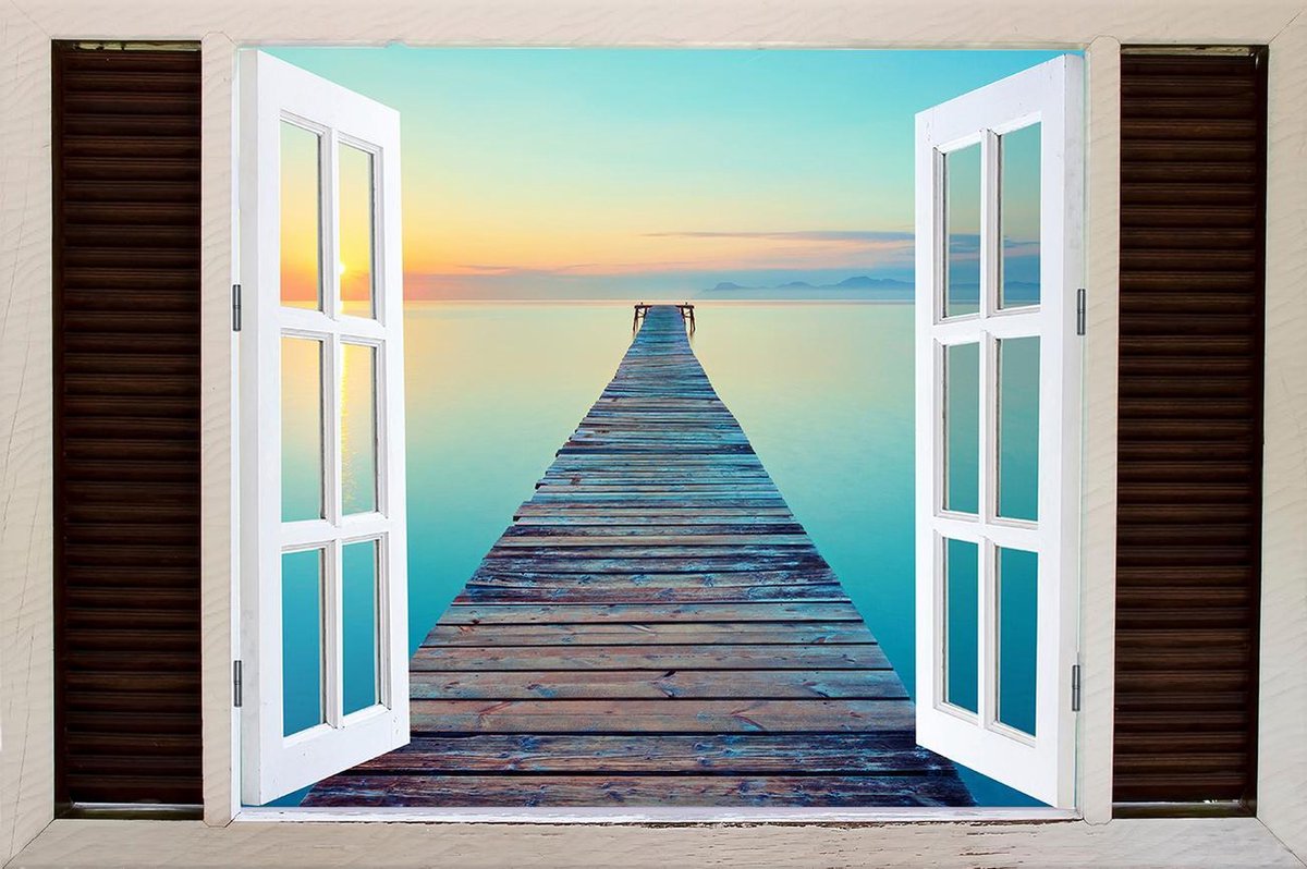 Tuindoek doorkijk door openslaand venster naar een Tropisch / Eiland / Strand - 150x100cm - tuinposter - tuinposter doorkijkje – Doorkijk tuinposter - tuinposter doorkijk XL – Tuinposter buiten met een zee, strand en palmbomen