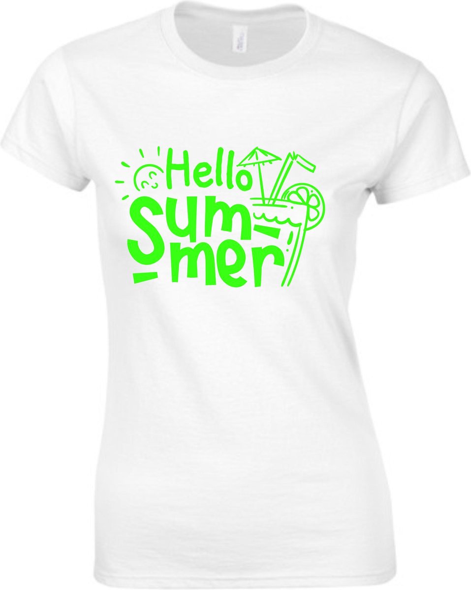 HELLO SUMMER Dames TSHIRT - Neon tekst Groen - Zomer t-shirt- MEDIUM