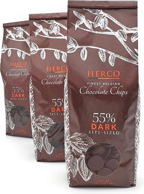 Pure / Donkere Chocolade 55% - Hapklare Smeltchocolade Druppels / Chips 2 cm - 1 kg - Herco