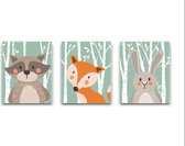 Peinture sur toile Set 3 Raccoon Fox Lapin dans la forêt verte - Enfants Chambre - Peinture Animaux - Peinture Chambre de bébé / Kinder - Babyshower cadeaux - Décoration Décoration murale - 40x30cm - FramedCity