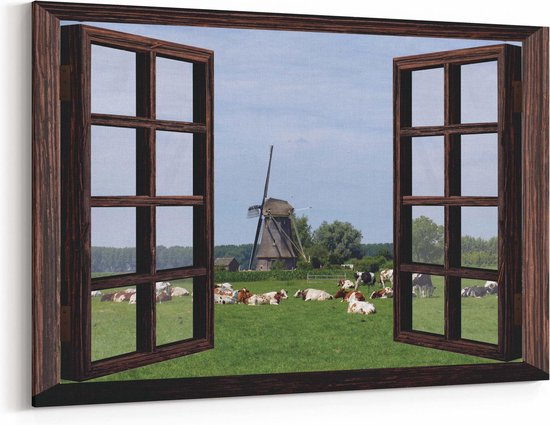 Schilderij - 90x60cm -Doorkijk naar weiland met koeien en een molen - Canvas schilderijen voor in de woonkamer van de natuur met dieren