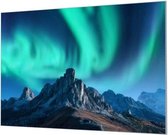 Wandpaneel Noorderlicht groen boven bergen  | 150 x 100  CM | Zwart frame | Wandgeschroefd (19 mm)