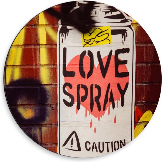 Dibond Wandcirkel - Spuitbus met 'Love Spray' op Muur - 50x50cm Foto op Aluminium Wandcirkel (met ophangsysteem)