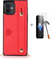 GSMNed - Leren telefoonhoesje rood - Luxe iPhone 12 mini hoesje - iPhone hoes met koord - telefoonhoes 12 mini met handvat - rood - 1x screenprotector iPhone 12 mini