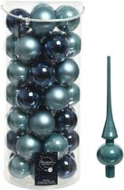 49x stuks glazen kerstballen ijsblauw (blue dawn)/donkerblauw 6 cm inclusief ijsblauwe piek - Kerstversiering